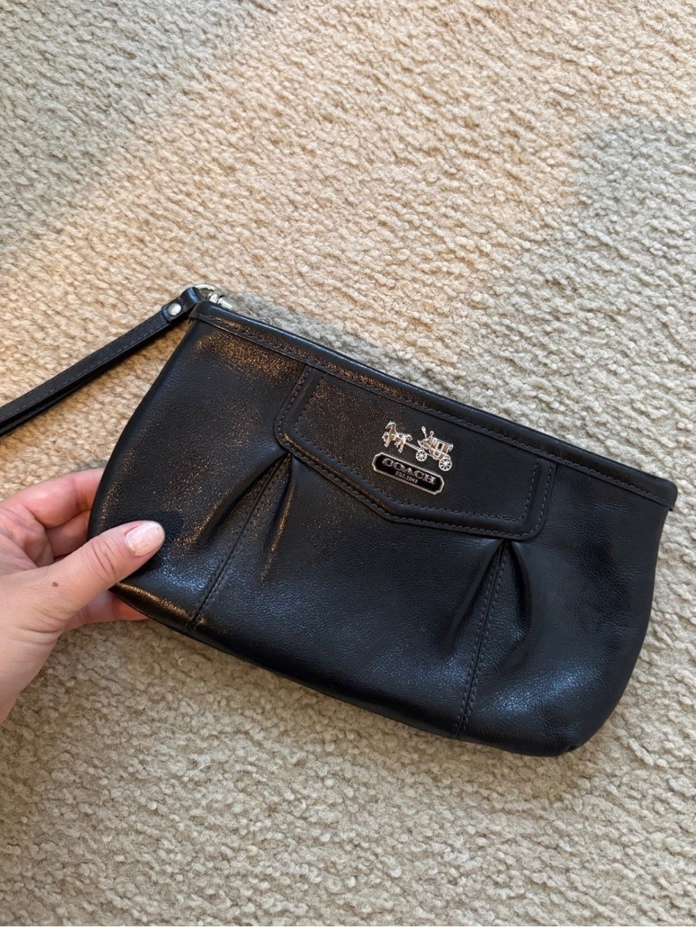 Coach Black Leather Wristlet with Silver Logo